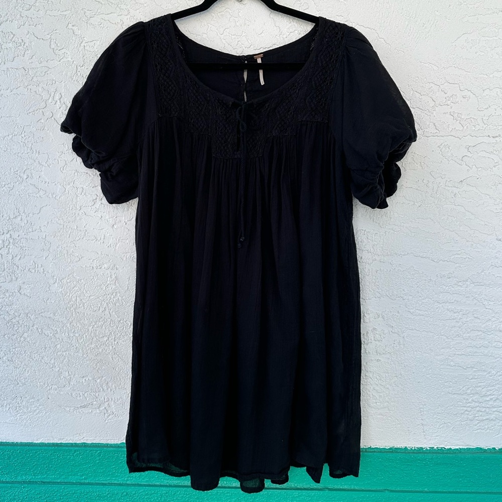Free People Dress Tunic Small Boho Gauze Puff Sleeve Black Lace Trim
